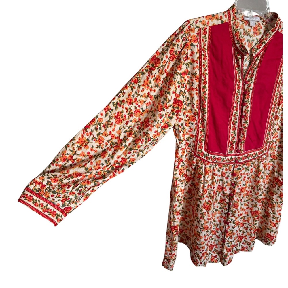 Woman Within Deep Red Orange Floral Button Front Tunic Peasant Top M 14/16 Gypsy - Picture 2 of 9